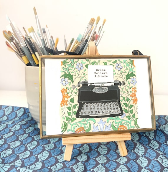 Dream Believe Achieve Black Typewriter Floral Botanical Art Print