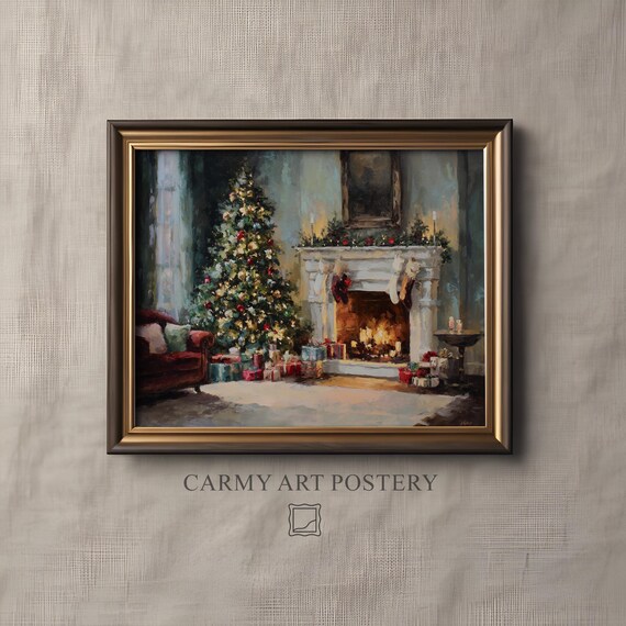 Cozy Christmas Living Room Tree Fireplace Vintage Holiday Art Poster