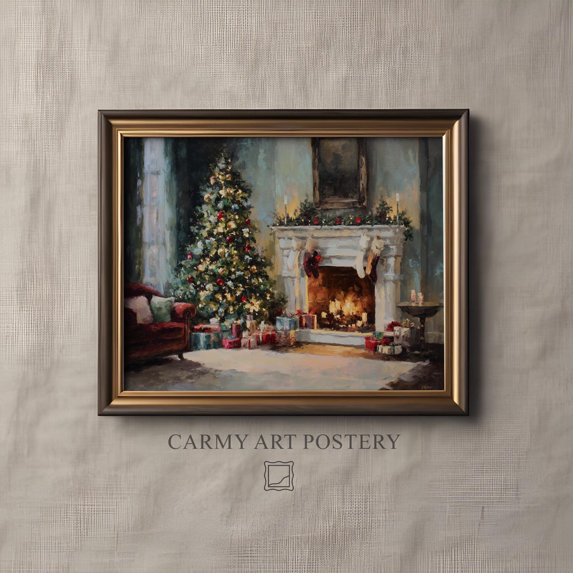 Cozy Christmas Living Room Tree Fireplace Vintage Holiday Art Poster