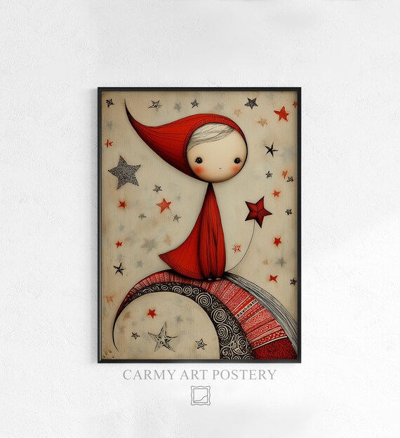 Red Hooded Character On Crescent Moon Folk Night Sky Art Poster