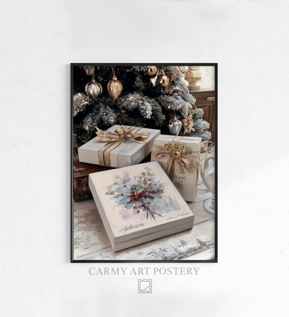 Rustic Christmas Gift Boxes Gold Ribbons Vintage Holiday Poster