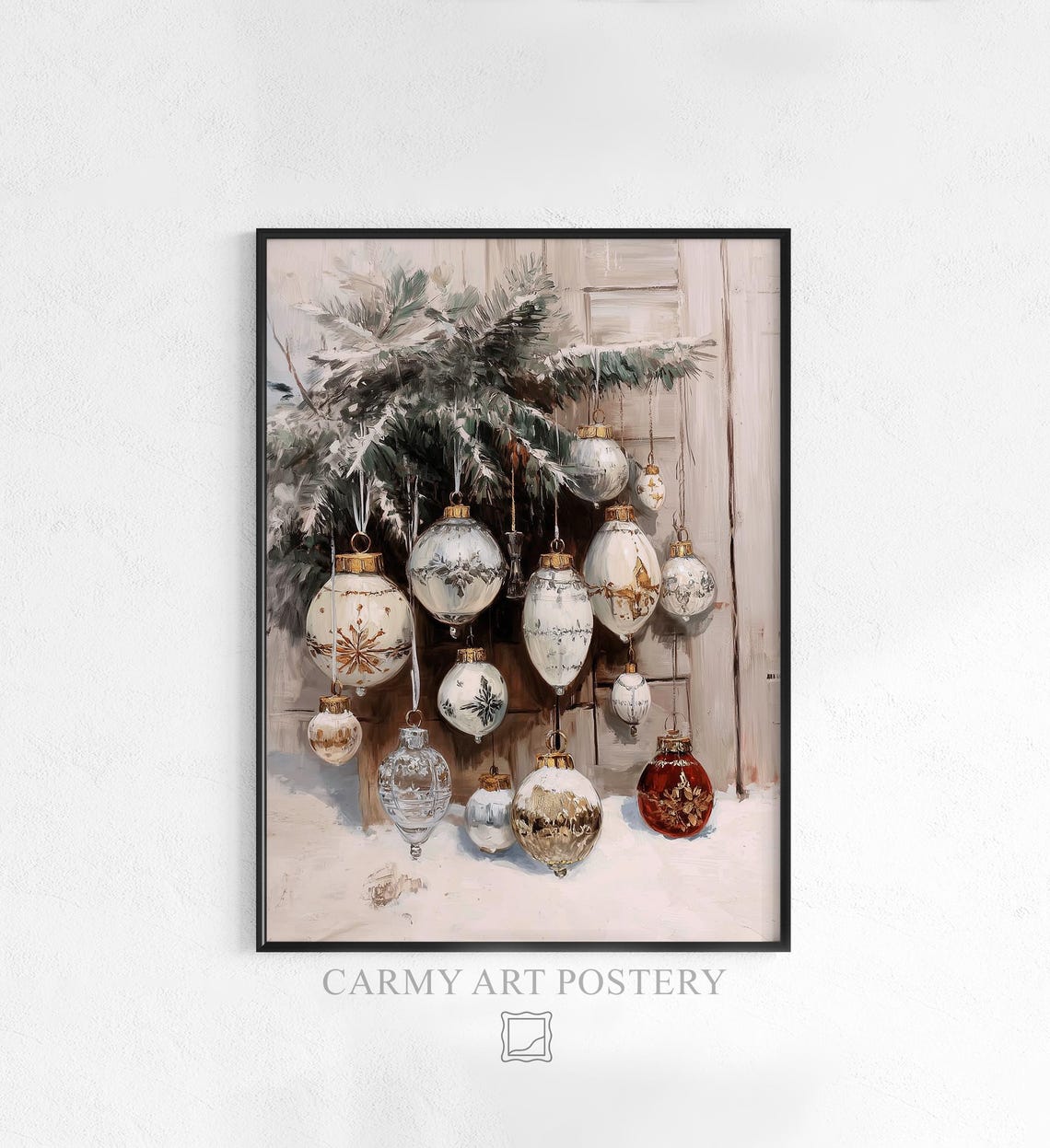 Vintage Christmas Ornaments Gold White Snowy Rustic Pine Art Poster