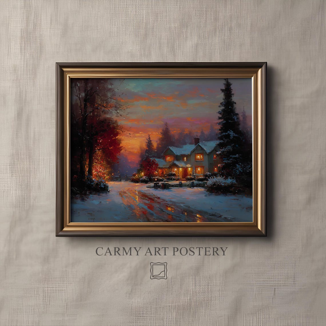 Snowy Cottage Glowing Windows Sunset Impressionist Winter Art Poster