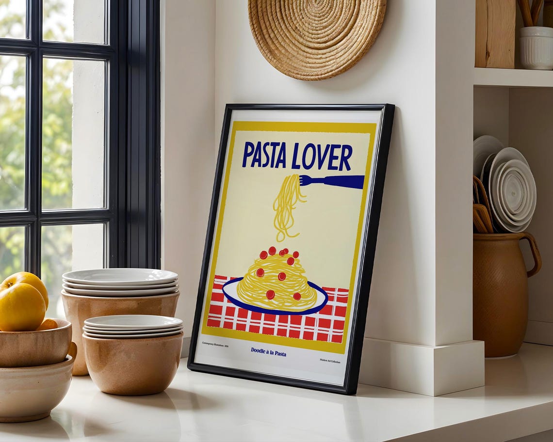 Cheerful Pasta Lover Retro Spaghetti and Tomatoes Kitchen Poster - Image 3