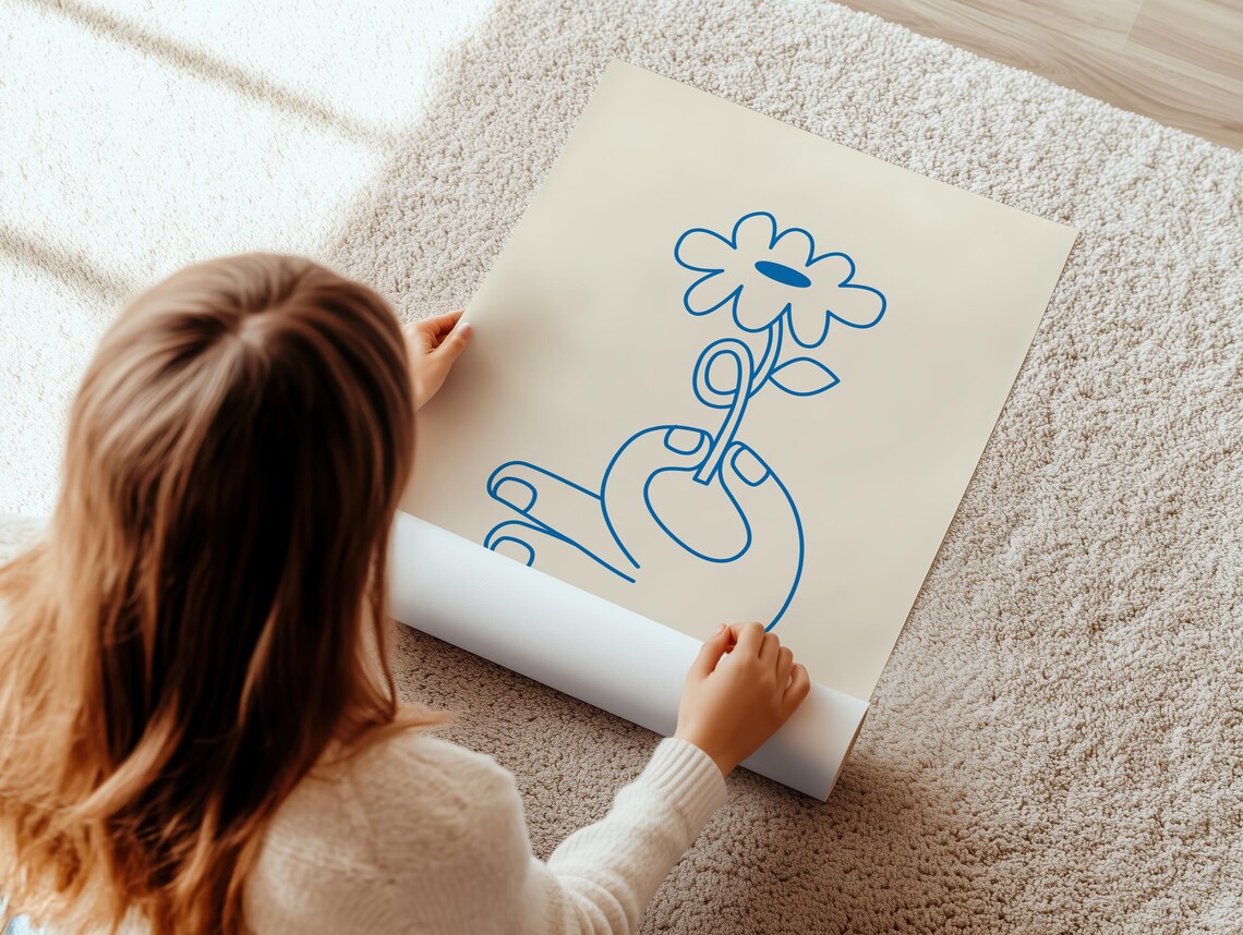 Cobalt Blue Line Art Hand Holding a Flower Minimalist Decor Poster - Image 3