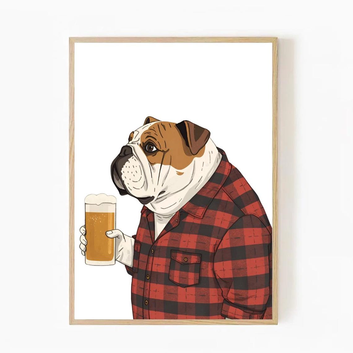 Bulldog In Plaid Shirt Holding Beer Mug Funny Pet Wall Decor Poster