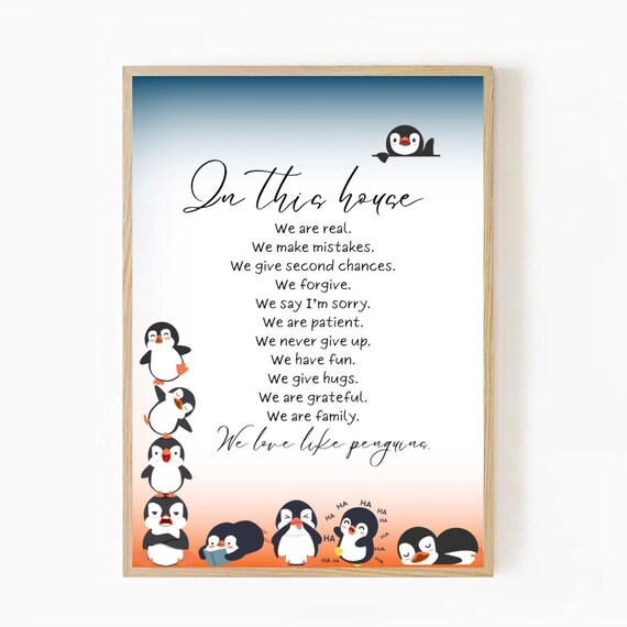 In This House We Love Like Penguins Cute Family Rules Kitchen Poster
