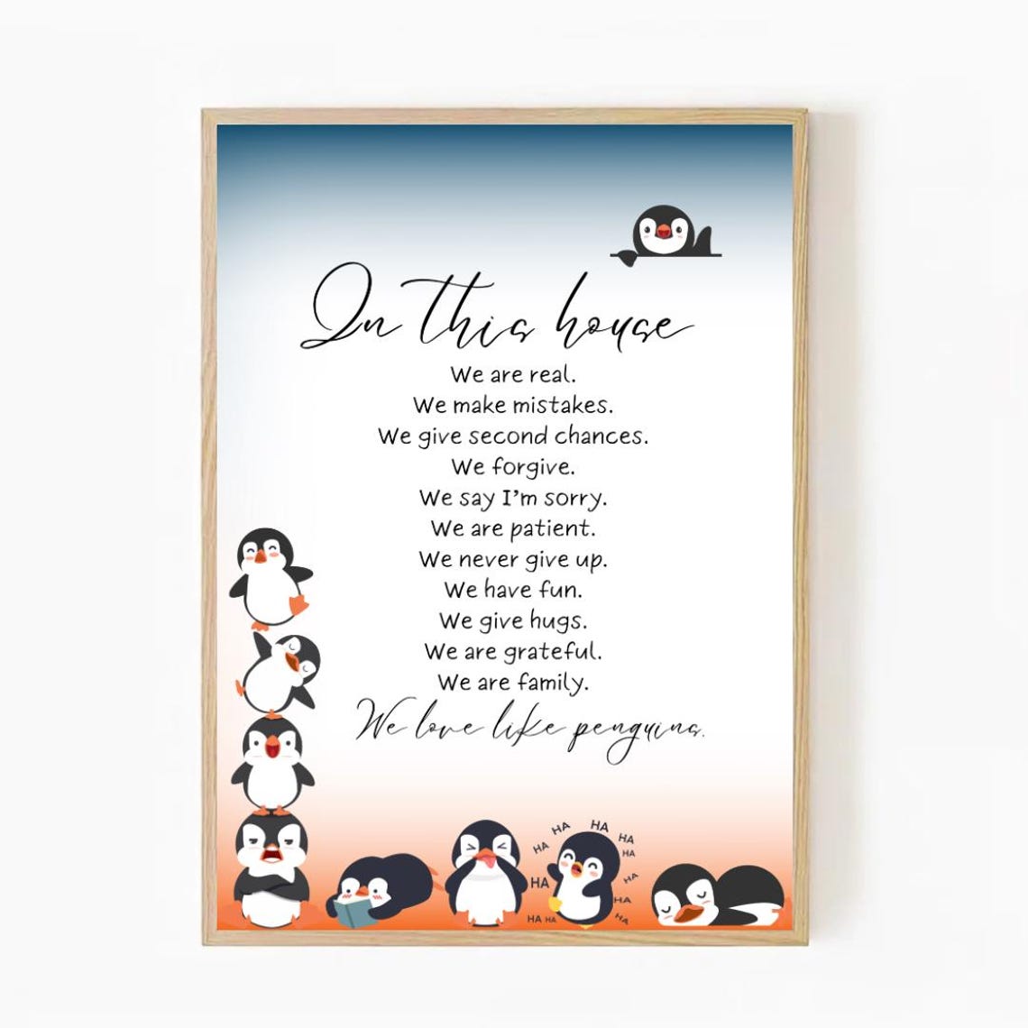 In This House We Love Like Penguins Cute Family Rules Kitchen Poster