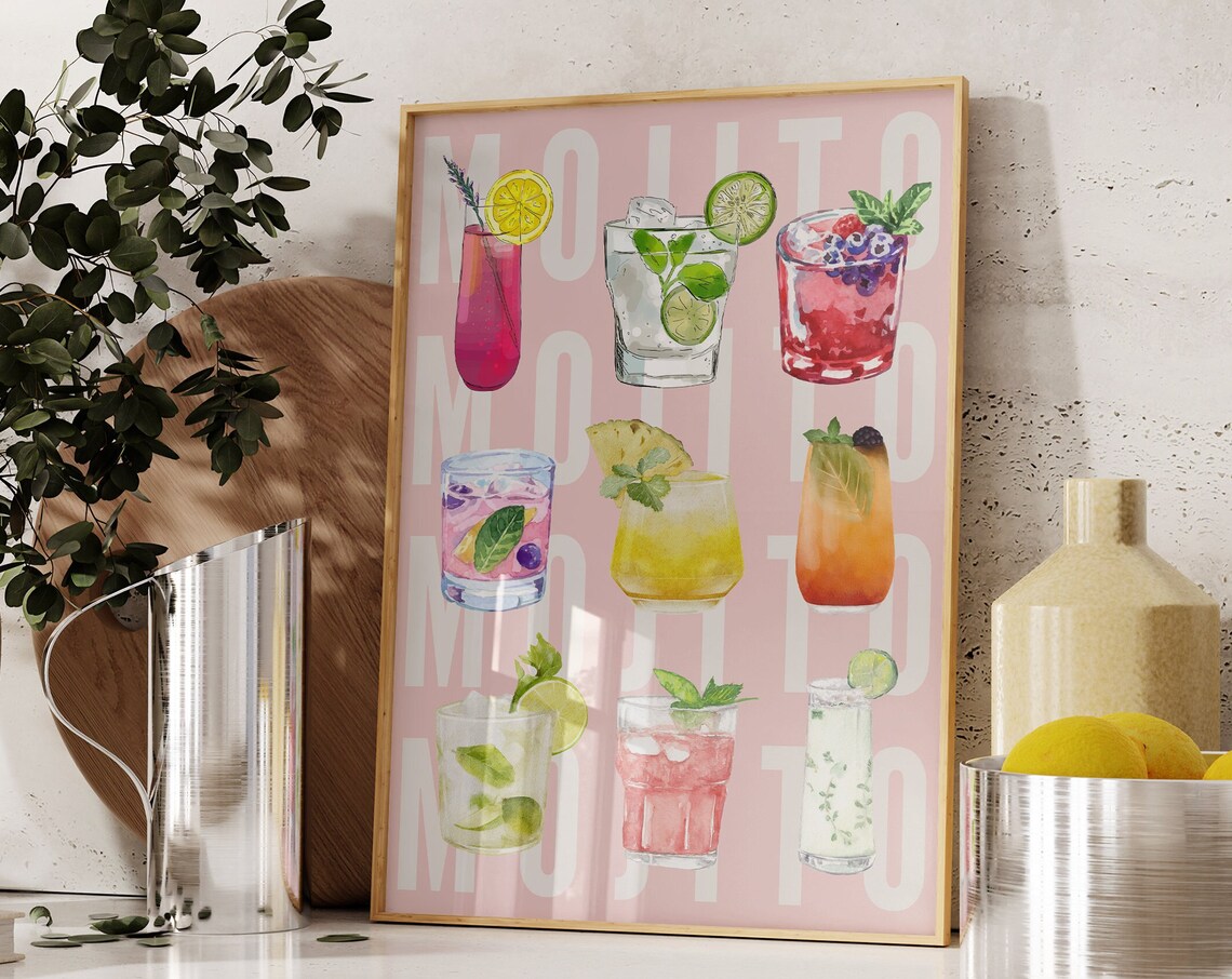 Fresh Mojito Cocktails Watercolor Pink Girly Bar Drink Art Poster