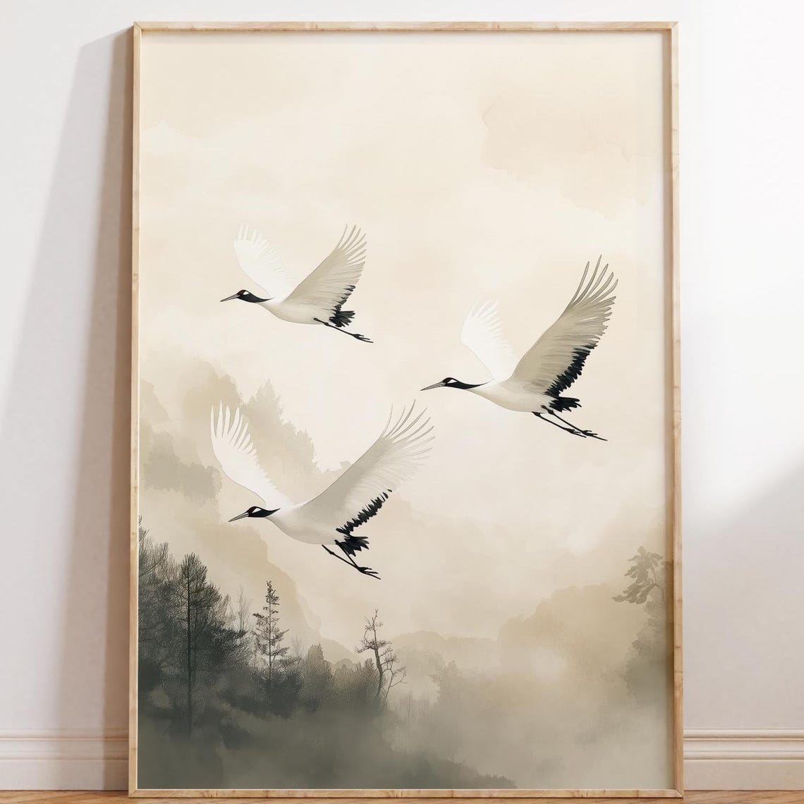 Cranes Of Serenity, Japandi Minimalist Art Print