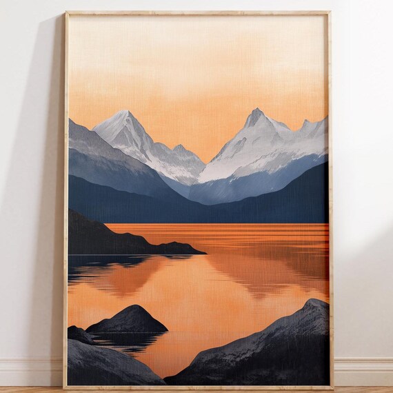 Nordic Sunset Reflections Japandi Wall Art Minimalist Landscape Print Wabi Sabi Home Decor Calm Nature Scene