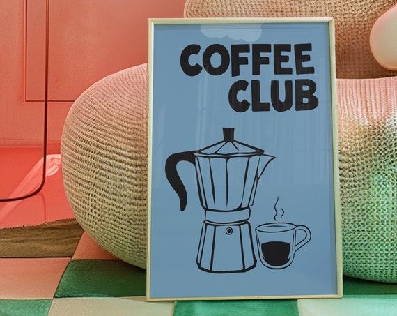 Blue Coffee Club Print Trendy Retro Espresso Machine Poster Coffee Culture Bar Cart Art Modern Kitchen Poster Caf Art Coffee Lover Print