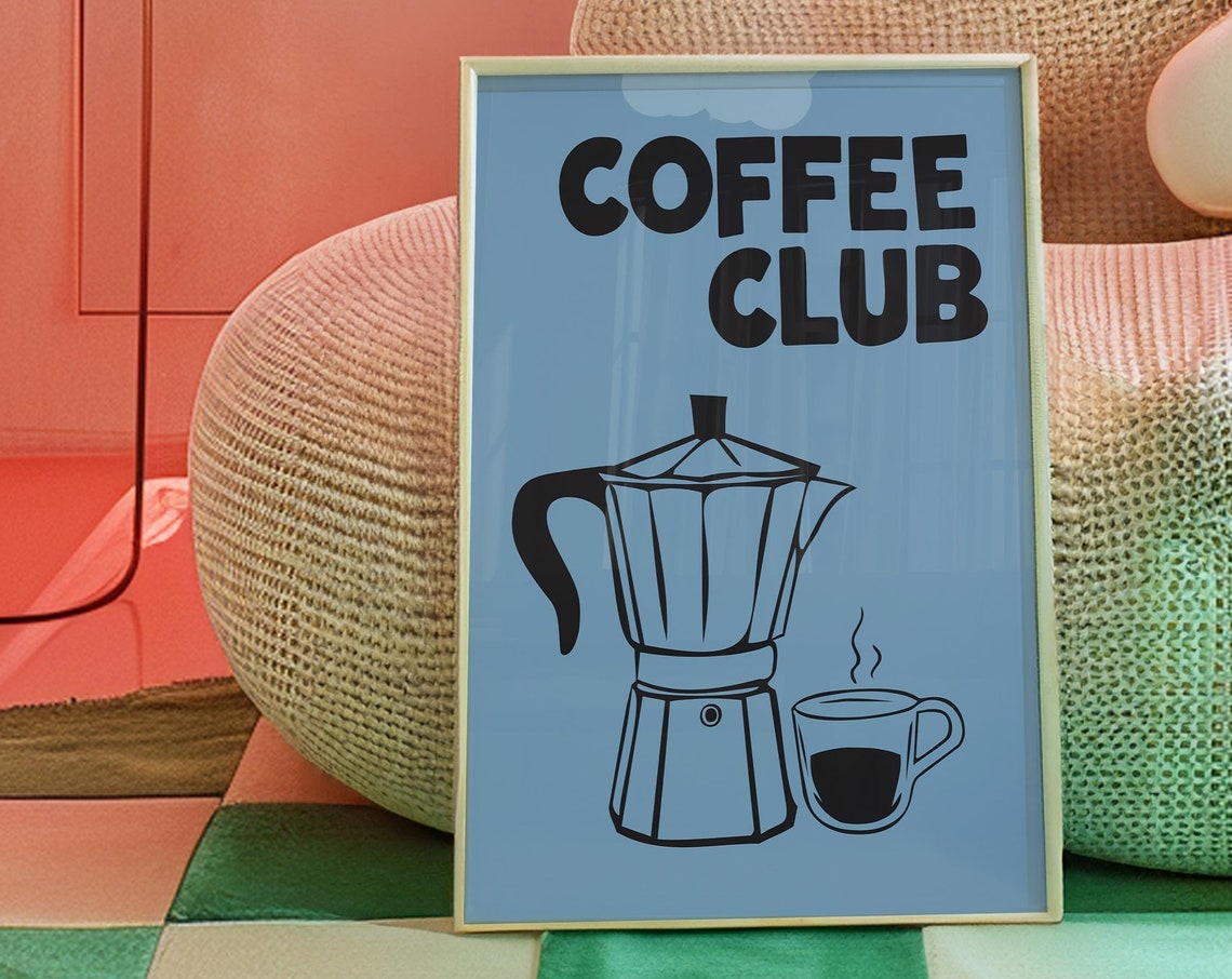 Coffee Club Blue Moka Pot Espresso Retro Kitchen Coffee Bar Poster