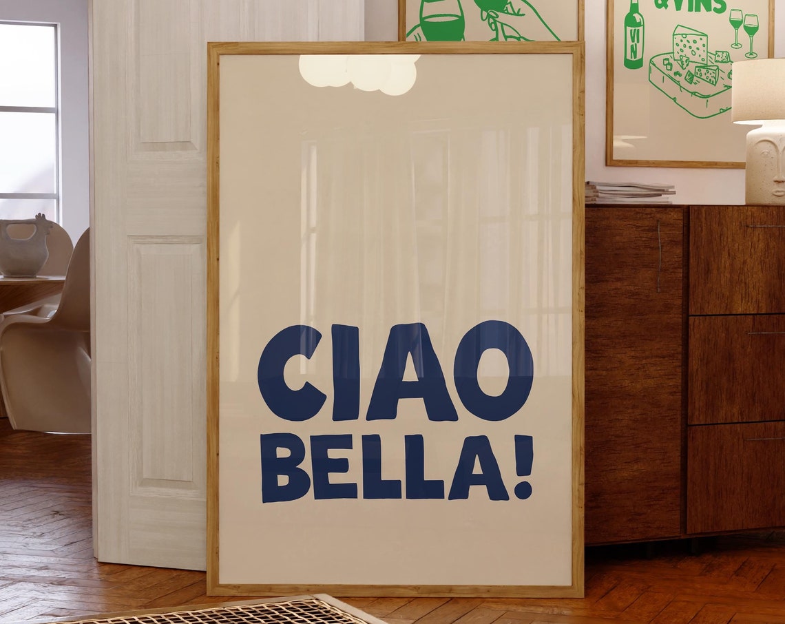 Ciao Bella Navy Blue Italian Phrase Cream Classic Entryway Print