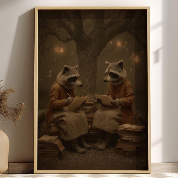 The Raccoon Poets Gothic Art Print Firefly Forest Writers Poster Surreal Animal Book Lovers Decor