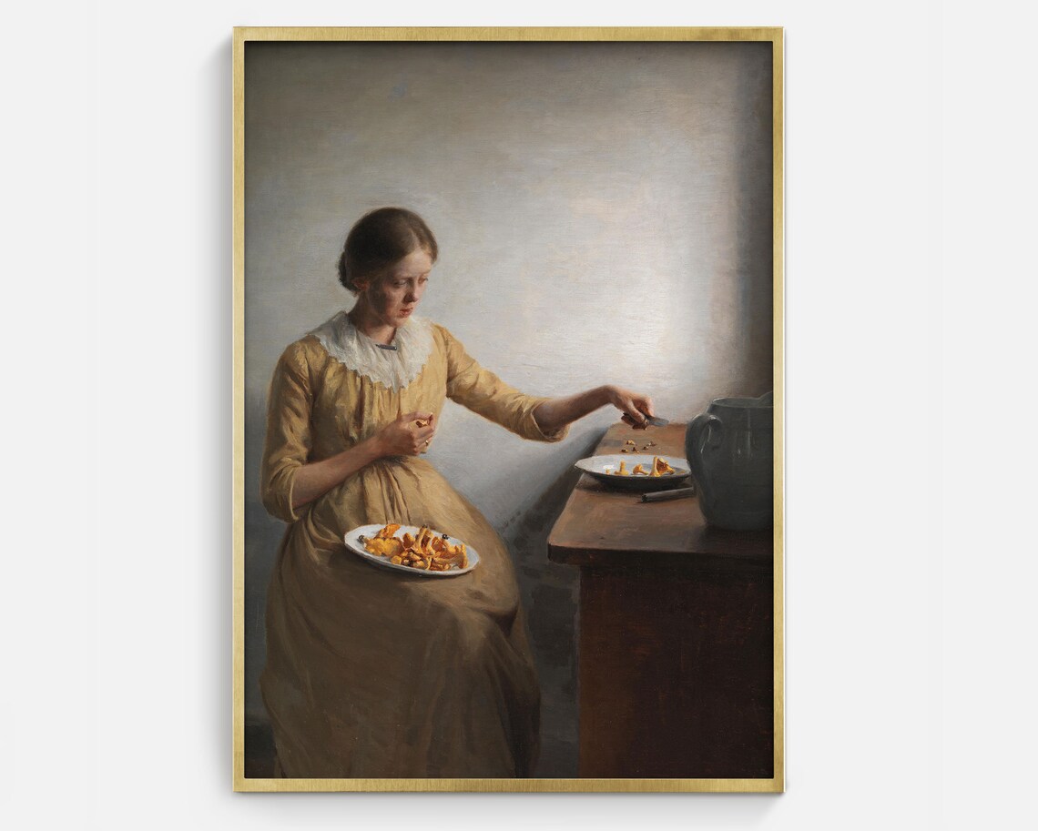 Woman Preparing Mushrooms Kitchen Vintage Genre Oil Painting Poster