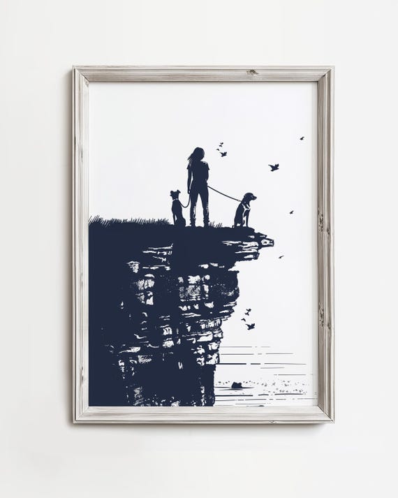 Mom Dogs Seaside Cliff View Outdoor Dog Art Hiking Coastal Print Navy Blue Transparent Sketch Home Wall For Lover