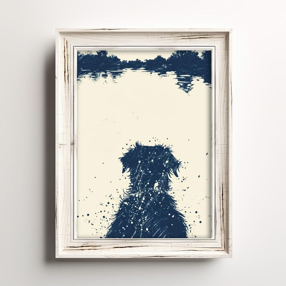 Whimsical Doodle Dog Lake Lookout Navy Ink Coastal Art Poster