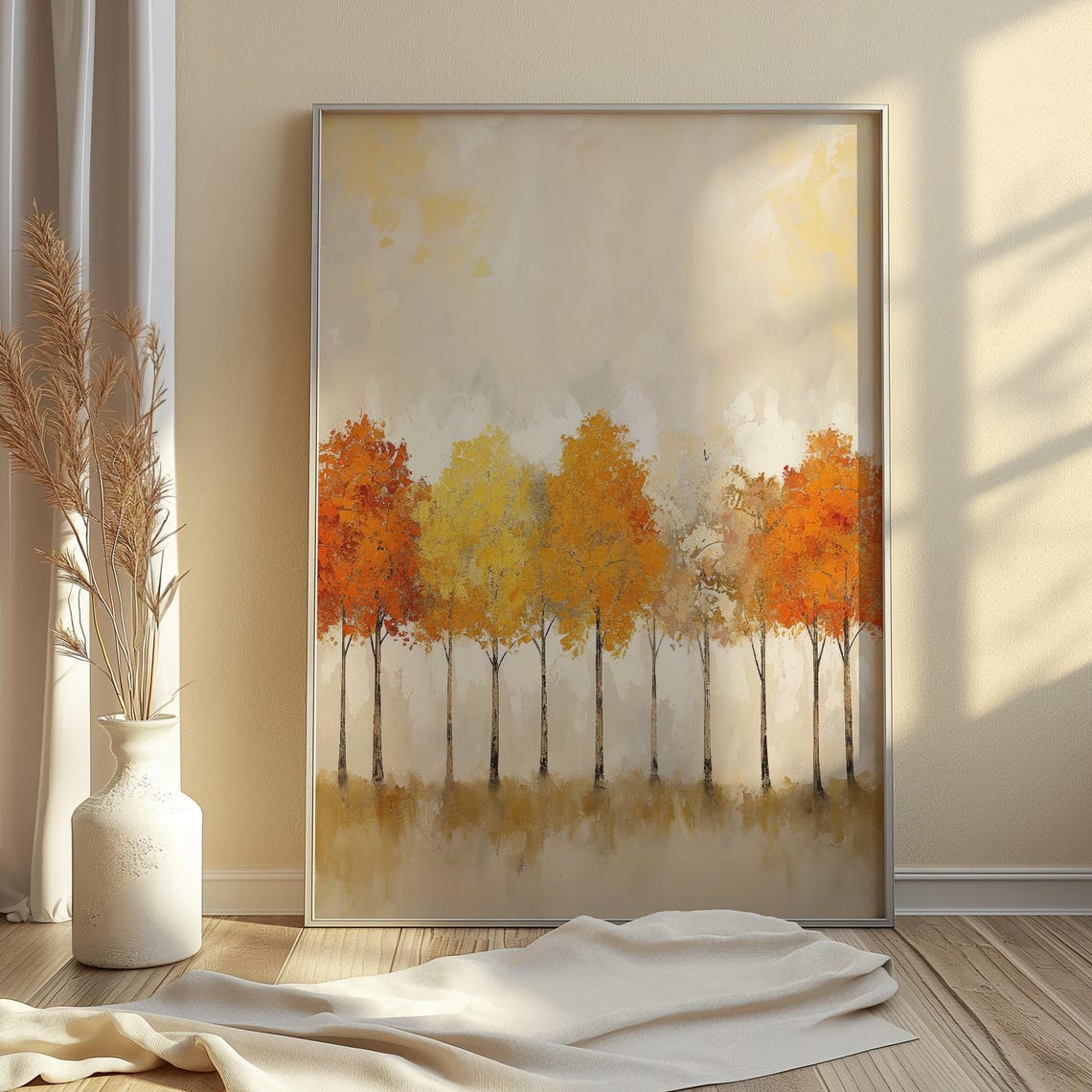 Colorful Autumn Trees Fall Foliage Art Print Rustic Tree Painting Lover Wall Decor Cozy Warm Tone