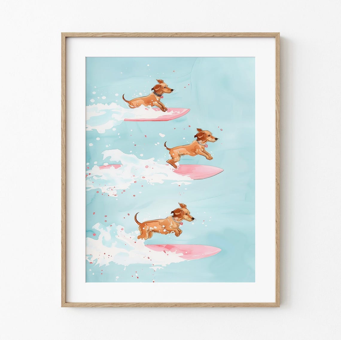 Surfing Happy Doxie Dogs Fanciful Dachshund Dog Lover Art Fun Whimsical Painting Coastal Beach Waterdogs Colorful Pastel Watercolor