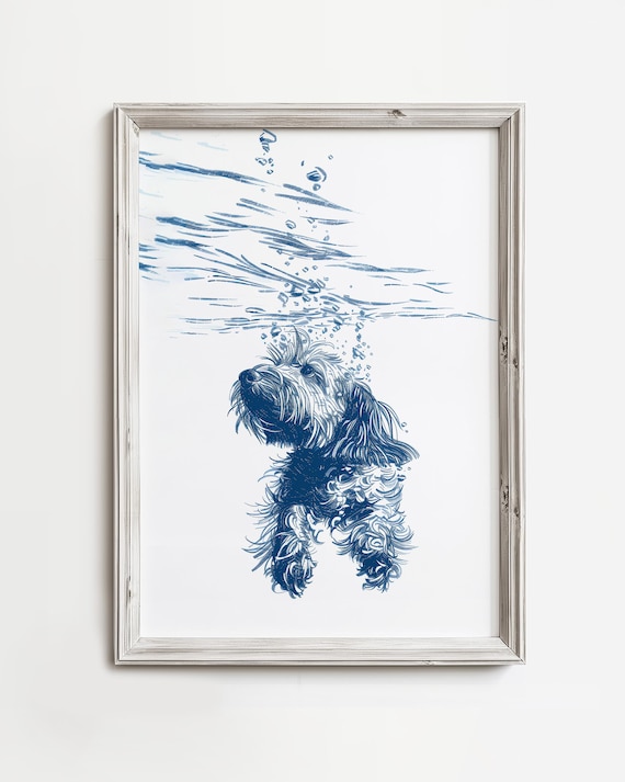 Doodle Dog Underwater Coastal Sketch Art Print
