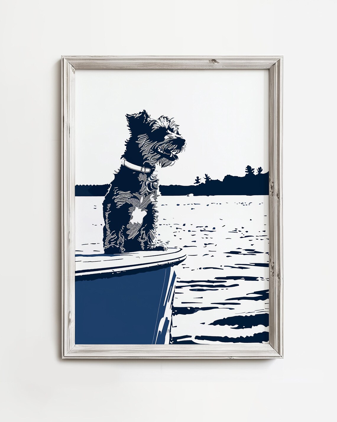 Terrier Sitting On Boat Bow Navy Monochrome Lake Sketch Dog Art Poster
