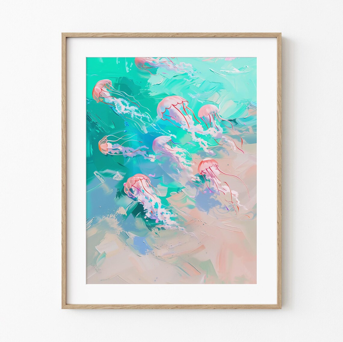 Pink Jellyfish Ocean Painting Turquoise Pastel Sea Life Poster
