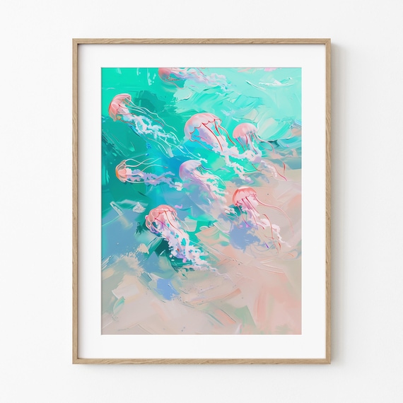 Pink Jellyfish Ocean Painting Turquoise Pastel Sea Life Poster