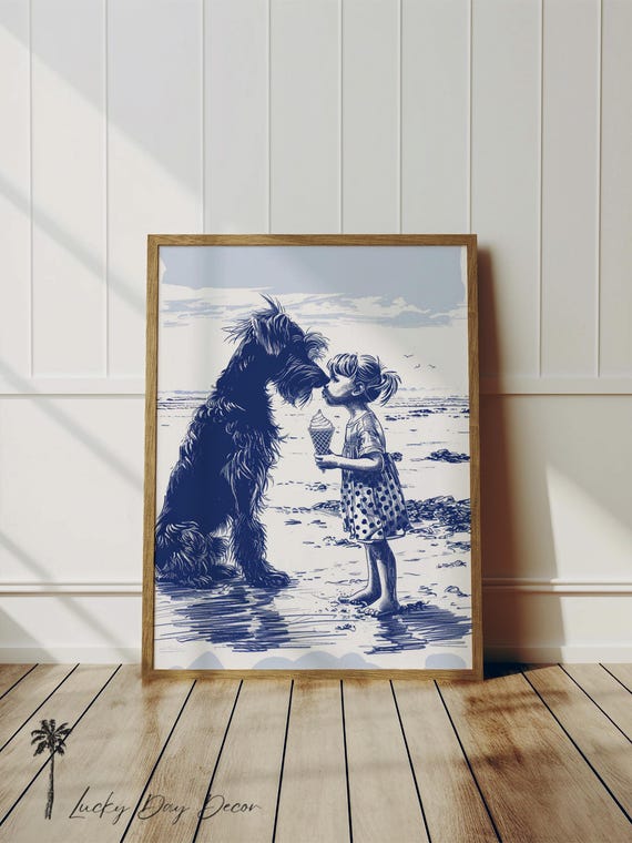 Coastal Girl Dog Print Summer Beach Day Art Adorable Lover Decor Cottage House Nursery Room Wall