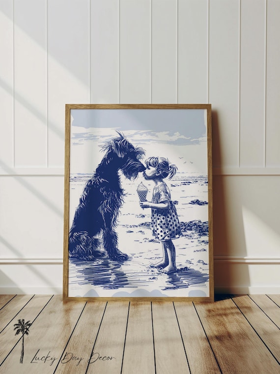 Girl Sharing Ice Cream With Shaggy Dog On Beach Navy Ink Coastal Art Print