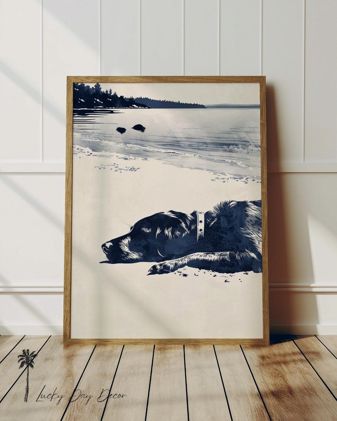 Lazy Mutt Afternoon Relaxing Beach Rest Navy Ink Coastal Art Poster