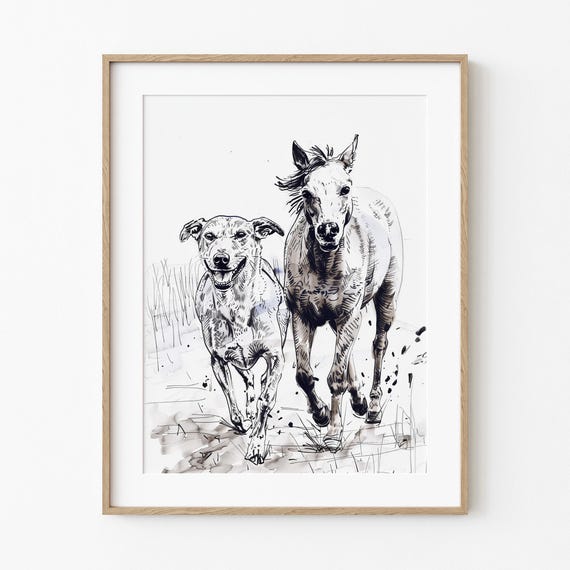 Greyhound Colt Trotting Equestrian Fall Dog Sketch Art Horse Lovers Print Autumn Season Wall Decor Simplistic Dark Brown
