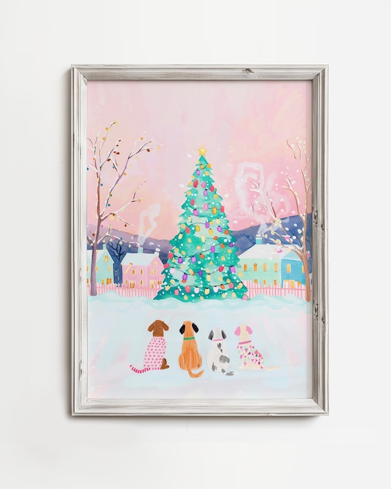 Pastel Christmas Dogs Whimsical Holiday Decor Art Print