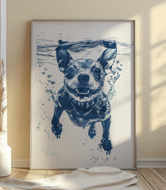 French Bulldog Underwater Coastal Swimming Sketch Funny Whimsical Cute Dog Wall Art Water Home Blue Print