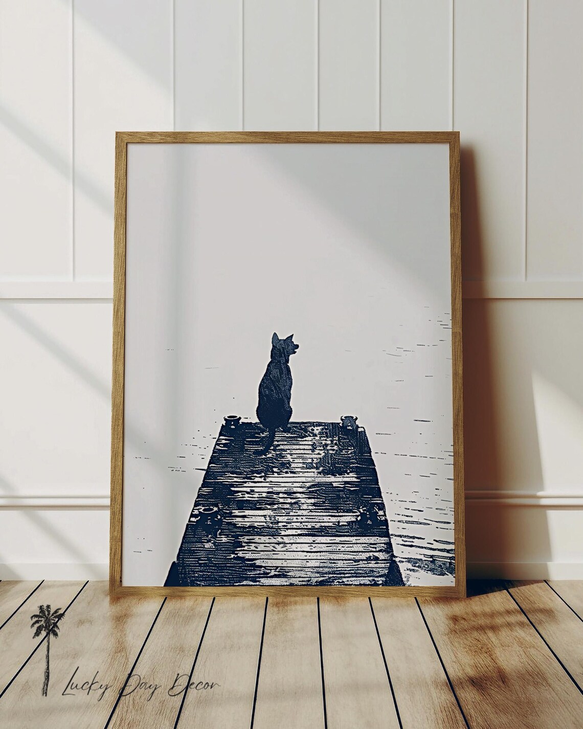 Dog Sitting On Wooden Dock Lake Navy Ink Sketch Dog Art Poster