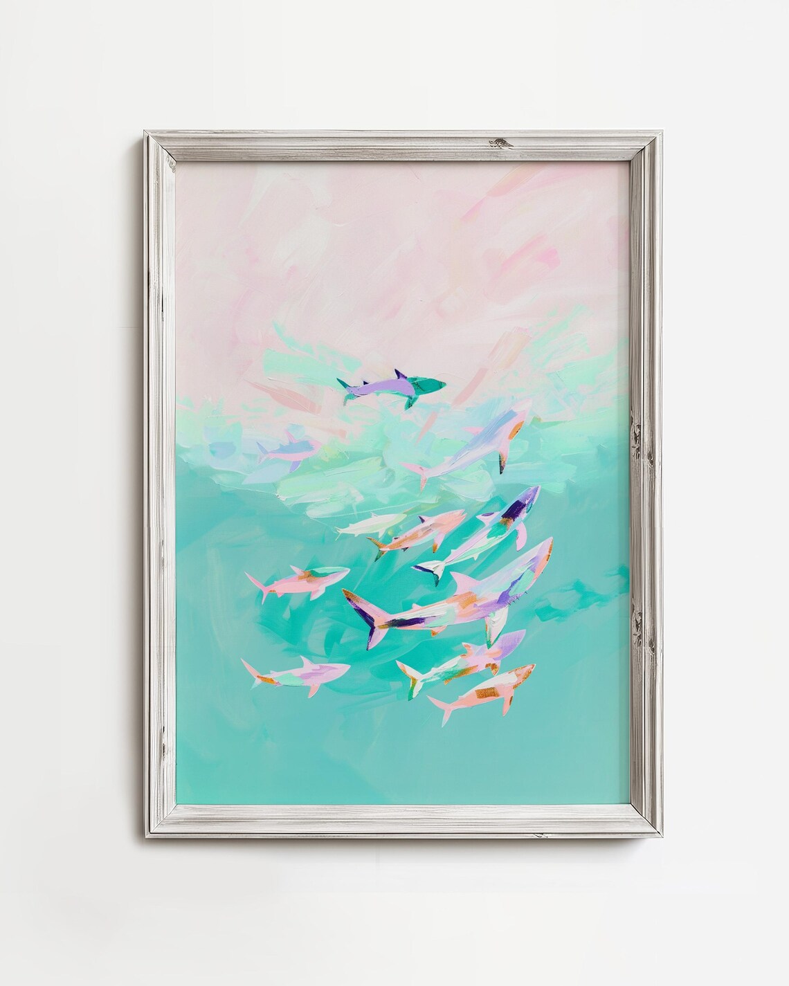 Colorful Sharks Swimming Above Pastel Coastal Art Print