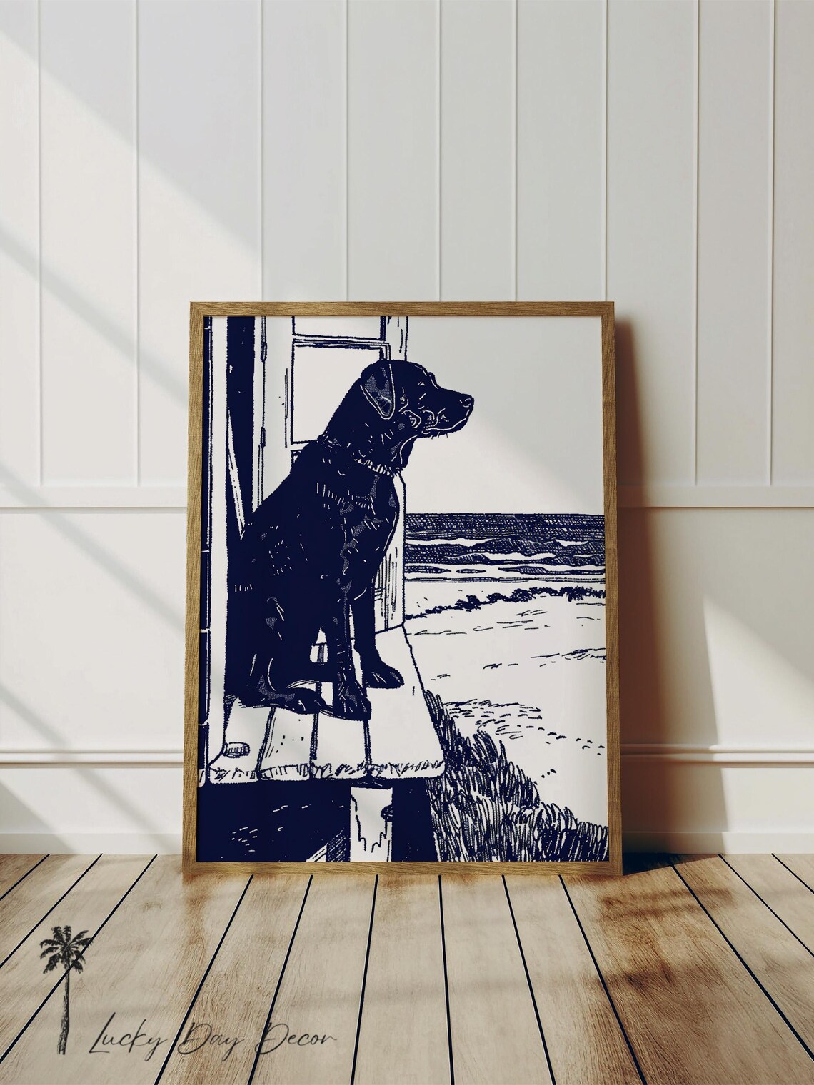 Labrador Sitting on Porch Beach Dogs Sketch Art Print