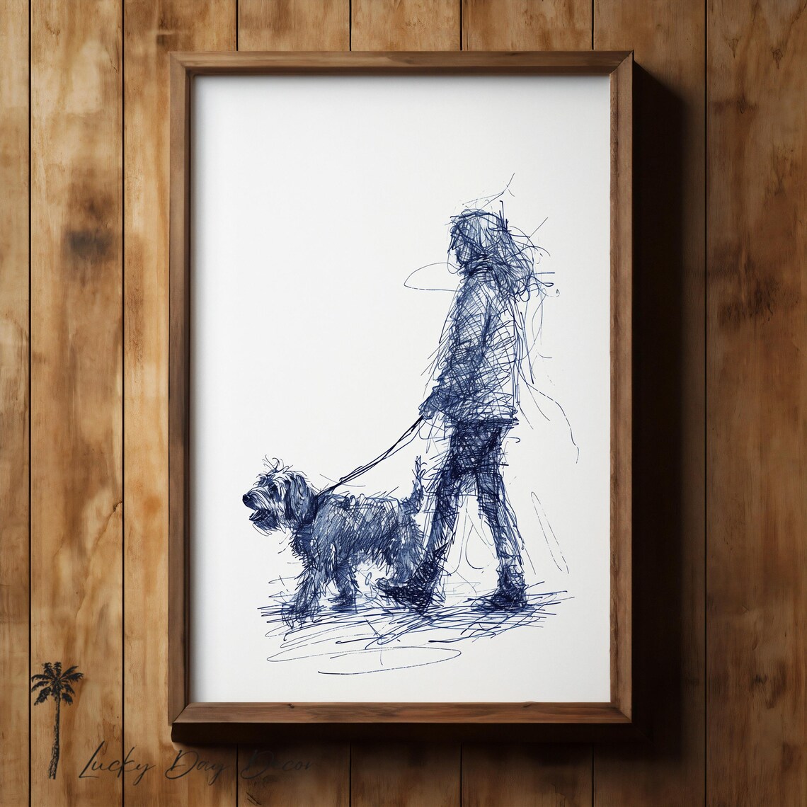 Blue Ink Sketch of Person Walking Shaggy Dog Minimalist Art Print