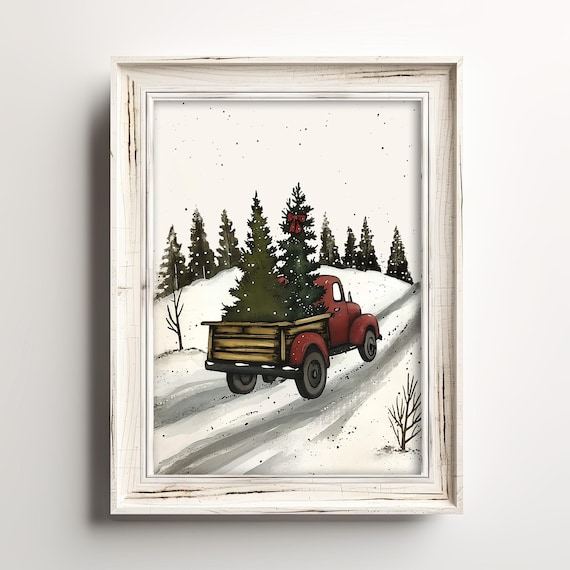 Red Vintage Pickup Truck Christmas Trees Snowy Farmhouse Poster