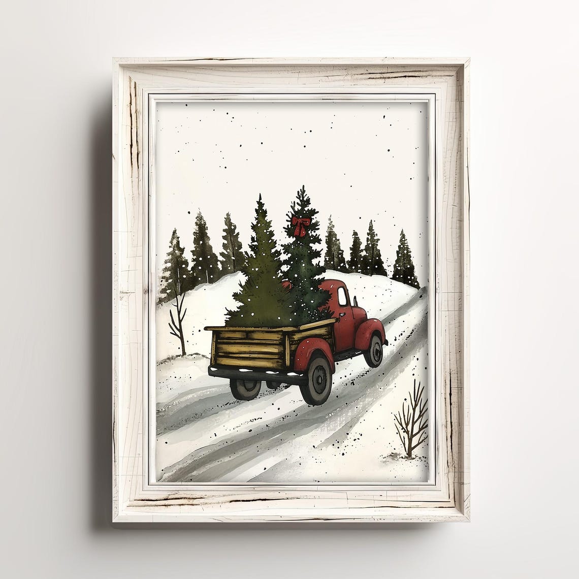 Country Holiday Truck Vintage Christmas Print Farmhouse Sketch Snowy Wall Decor Cute Winter Season Art