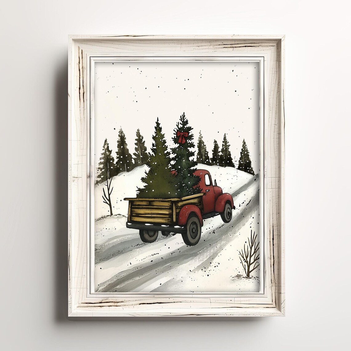 Red Vintage Pickup Truck Christmas Trees Snowy Farmhouse Poster