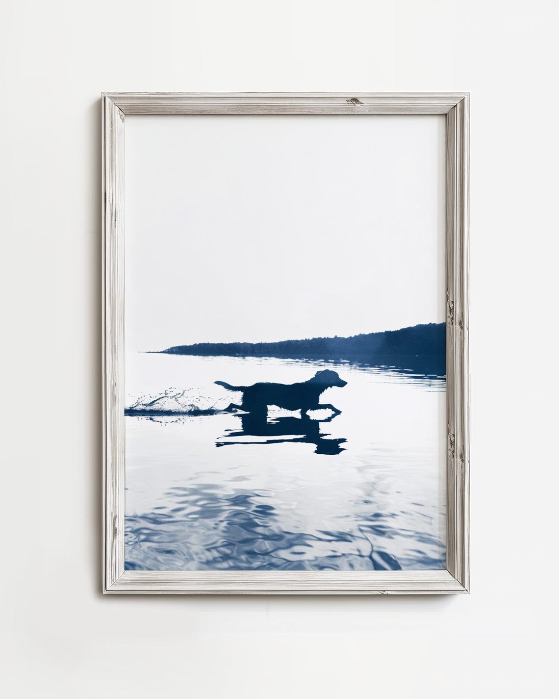 Dog Running Lake Minimalist Blue Water Silhouette Art Poster