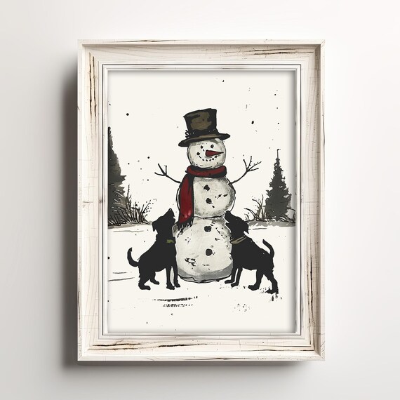 Black Dogs Snowman Red Scarf Vintage Farmhouse Christmas Poster