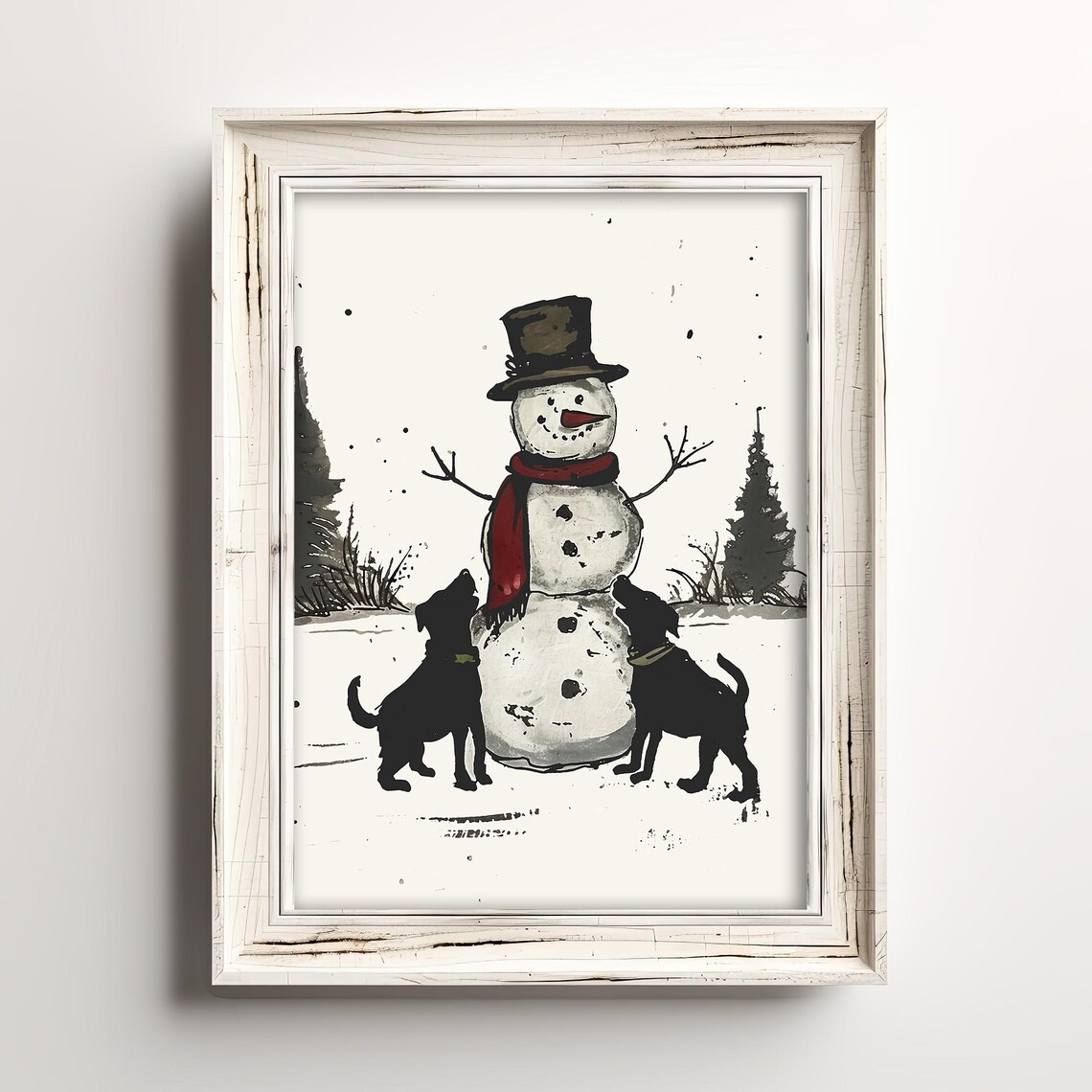 Black Dogs Snowman Red Scarf Vintage Farmhouse Christmas Poster