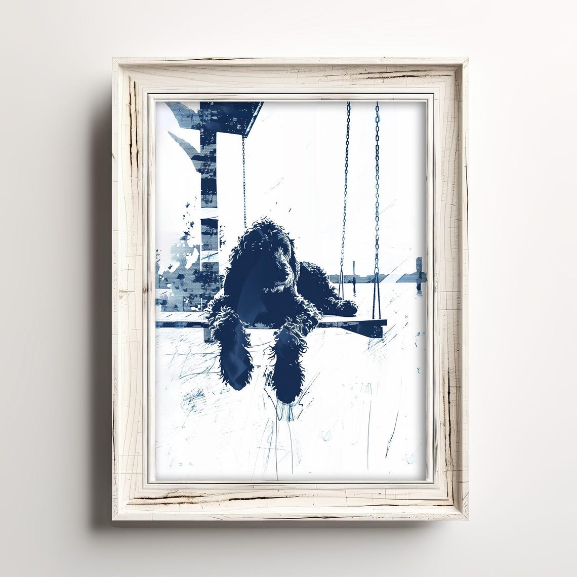 Black Doodle Relaxing On Swing Navy Blue Sketch Dog Art Poster