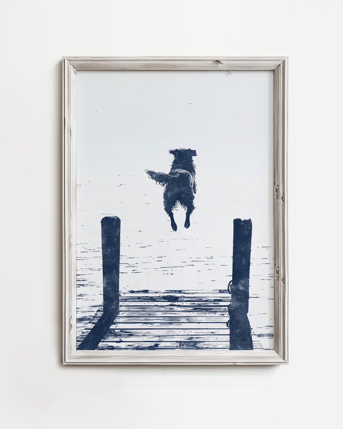 Happy Golden Retriever Jumps Off Dock, Rustic Coastal