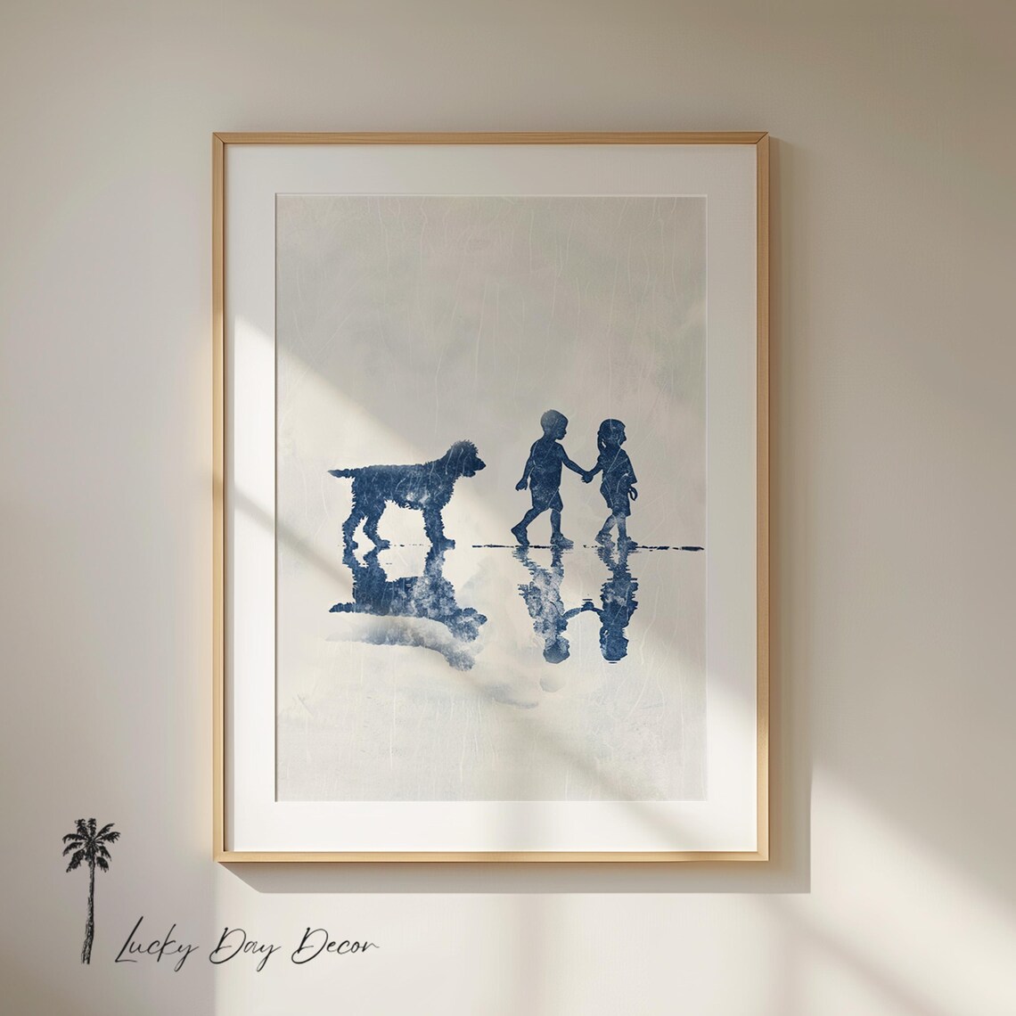 Happy Doodle Following Children Image Vintage Coastal Home Print Pet Family Kids Room Wall Art Adorable Fun Dog Lover Navy Blue Sketch