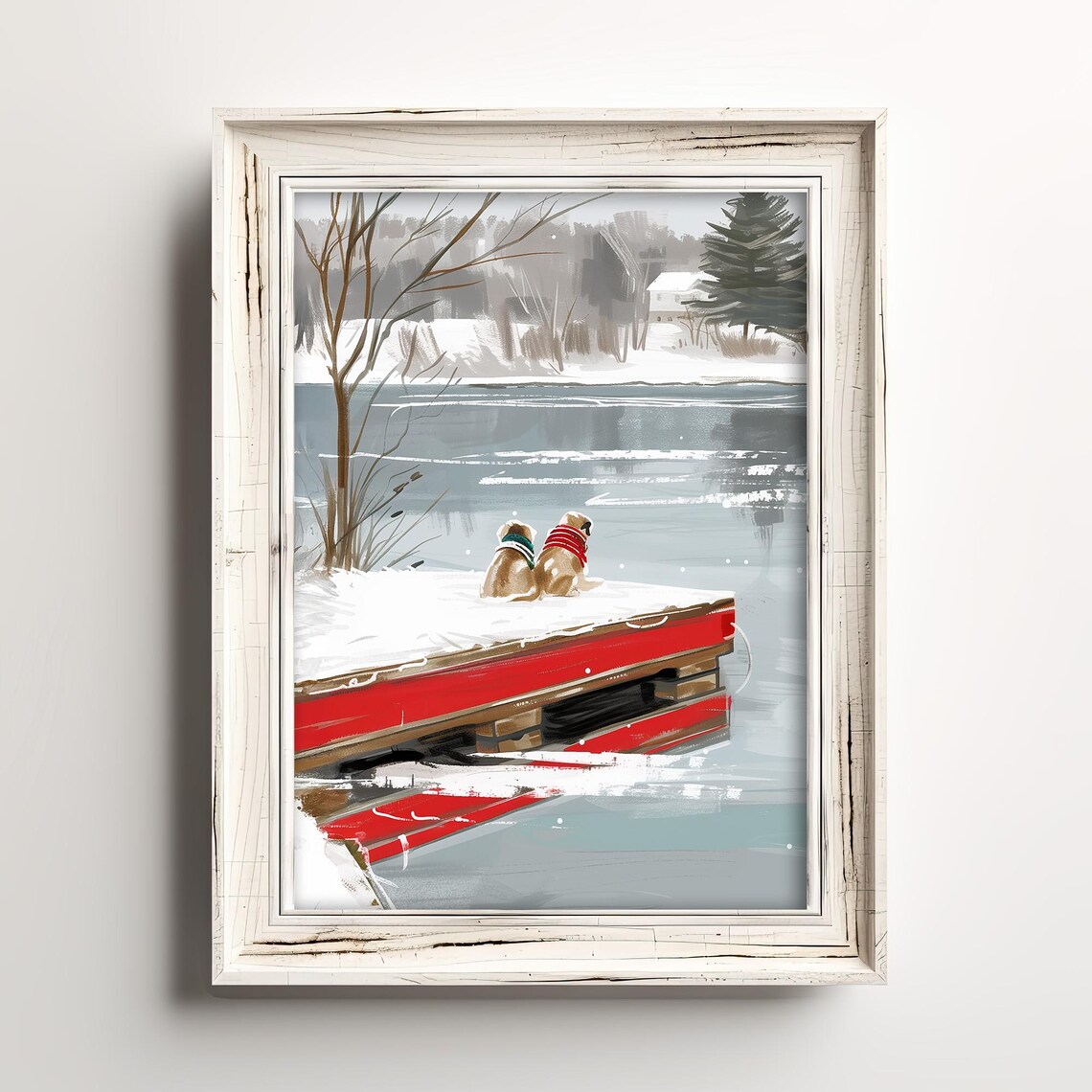 Two Dogs In Scarves On Snowy Dock Winter Lake Watercolor Wall Art
