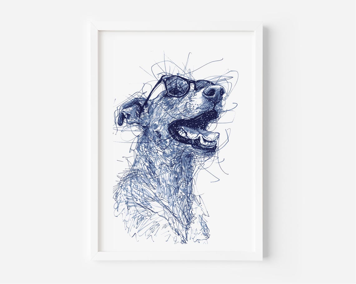 Happy Dog Sunglasses Blue Ink Sketch Smiling Portrait Poster