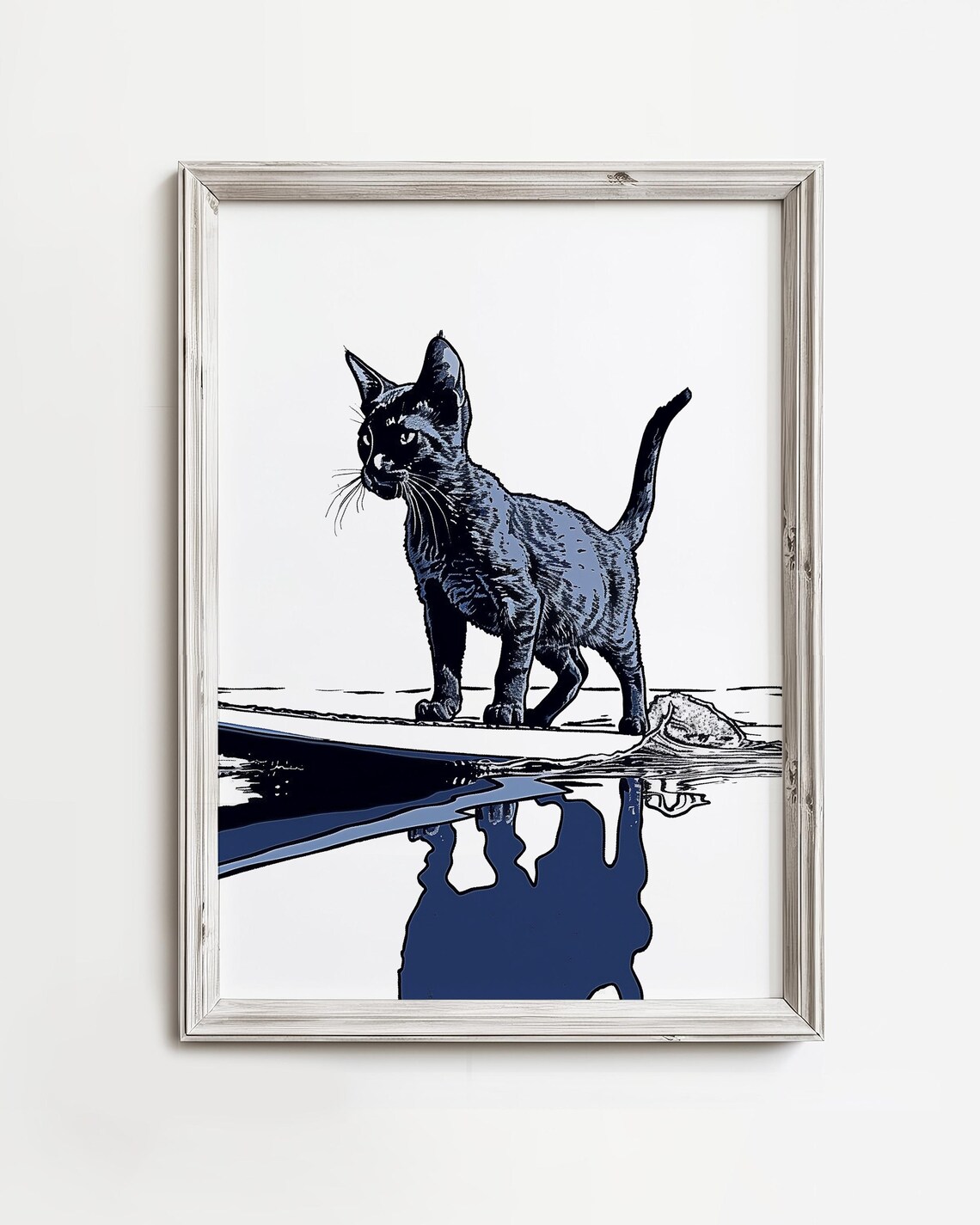 Black Cat Surfing Beach Art Print, Whimsical Coastal Decor